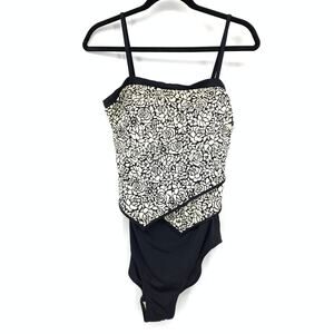 It Figures One Piece Swimsuit Womens Sz 14 Black White Floral Print Layered Look